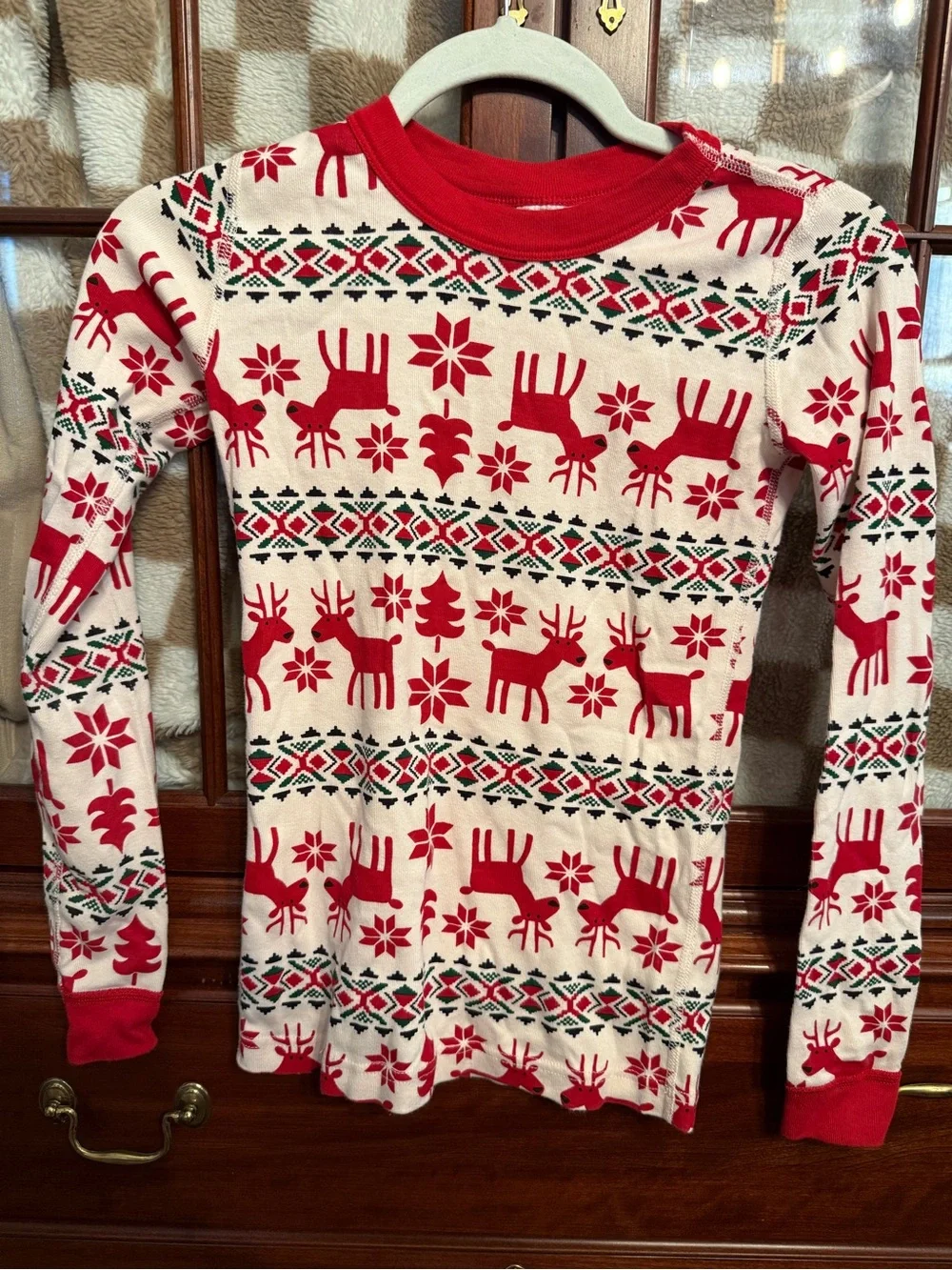 Hanna Andersson Red and White Reindeer Holiday Thermal Top